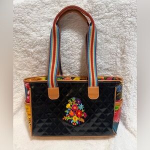 Black Quilted Tote with Colorful Floral Embroidery and Rainbow Straps